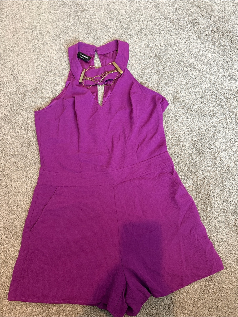 bebe Fuchsia Halter Romper with Gold Chain Trim